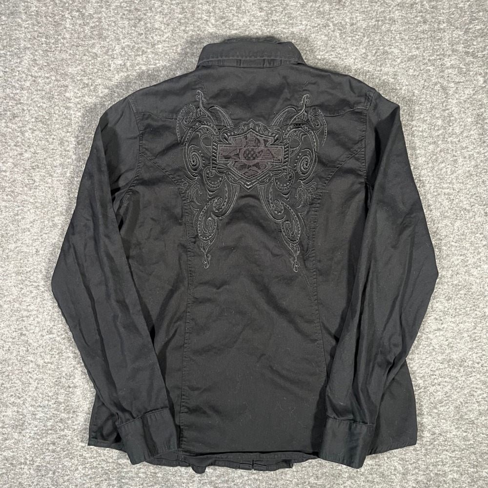 Y2K Harley Davidson Womens Blk Lace Western Snap Front Embroidered Logo Shirt XL